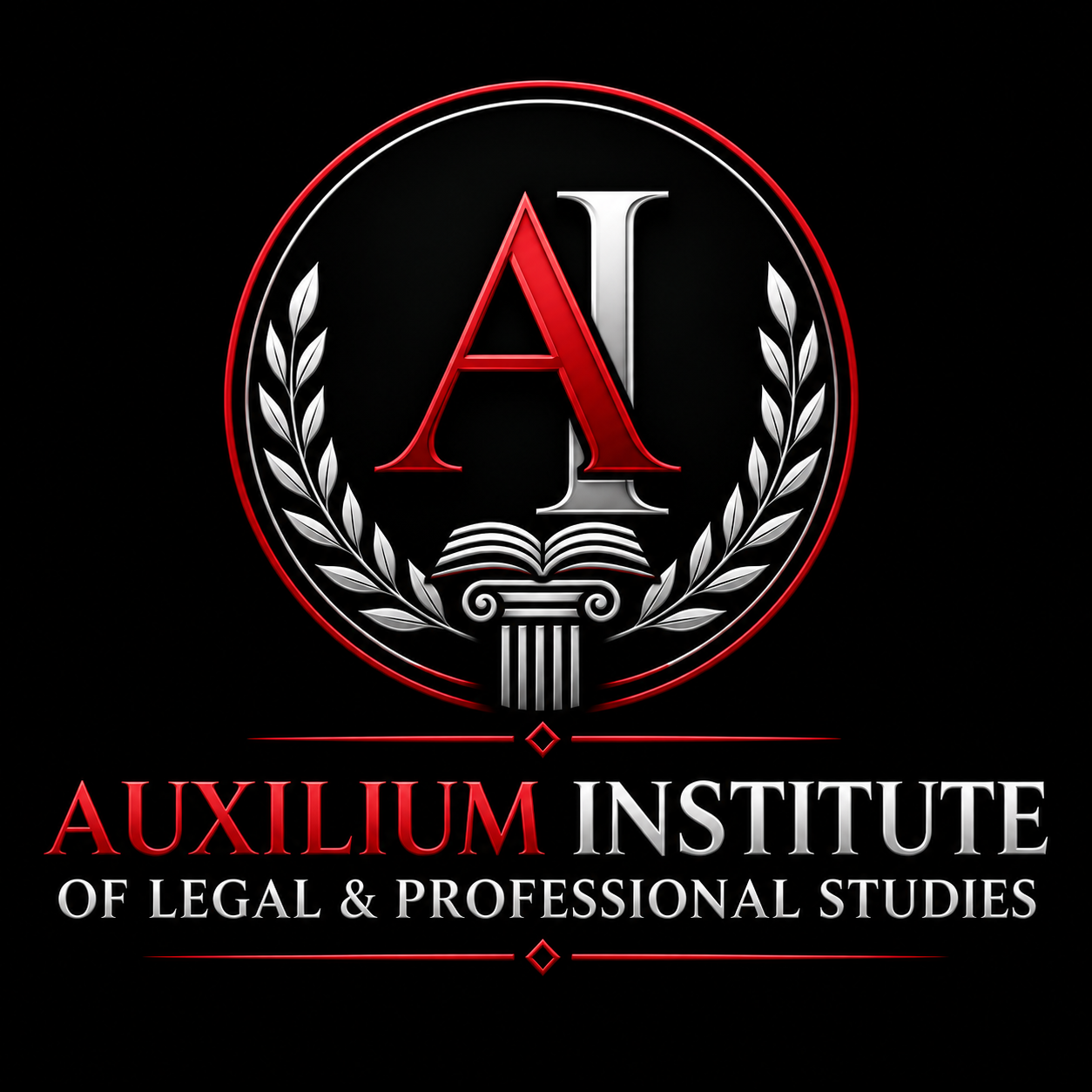 Auxilium Institute of Legal & Professional Studies official red, silver and black crest and wordmark