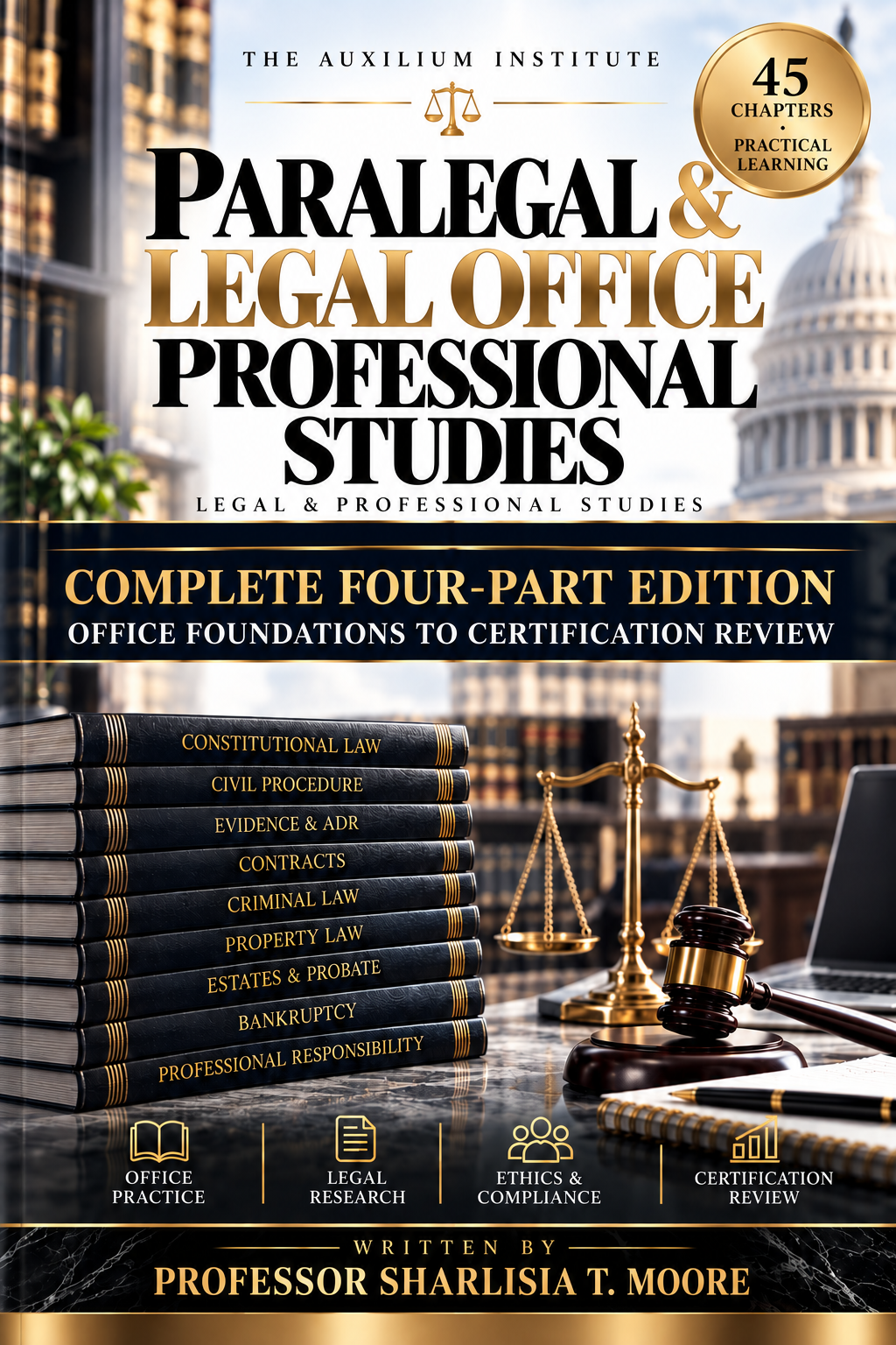 Cover of Paralegal & Legal Office Professional Studies, a four-part coursebook by Professor Sharlisia T. Moore